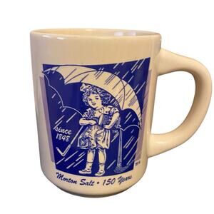 Vintage Morton Salt Girl Blue White Coffee Cup 150th Anniversary Collectors Mug